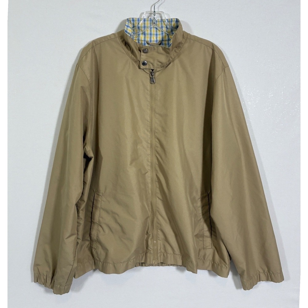 IZOD Mens XL Tan Khaki Harrington Jacket Plaid Lined Full Zip Windbreaker